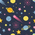 Vector seamless pattern on the theme of space. pattern in flat style with stars, planets, comets, asteroids